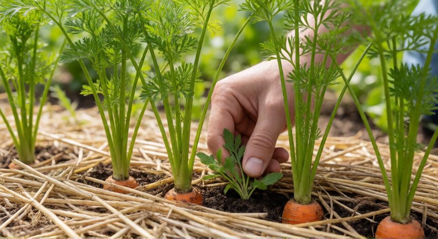 como sembrar zanahorias en el huerto, Jovenes plantas de zanahoria con mulch y manejo de malas hierbas