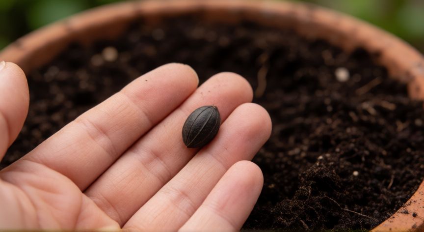 como sembrar zanahorias en maceta, Mano sosteniendo una semilla de zanahoria sobre sustrato oscuro listo para la siembra