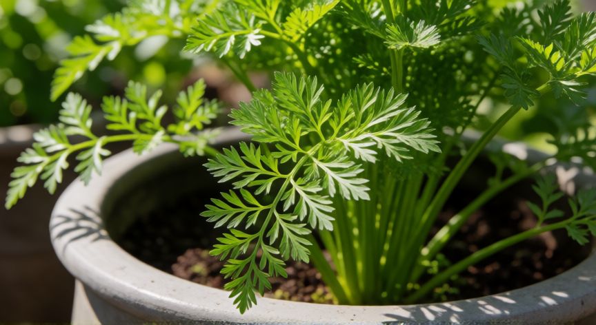 como sembrar zanahorias en maceta, Zanahoria verde saludable creciendo en una maceta de cerámica bajo el sol