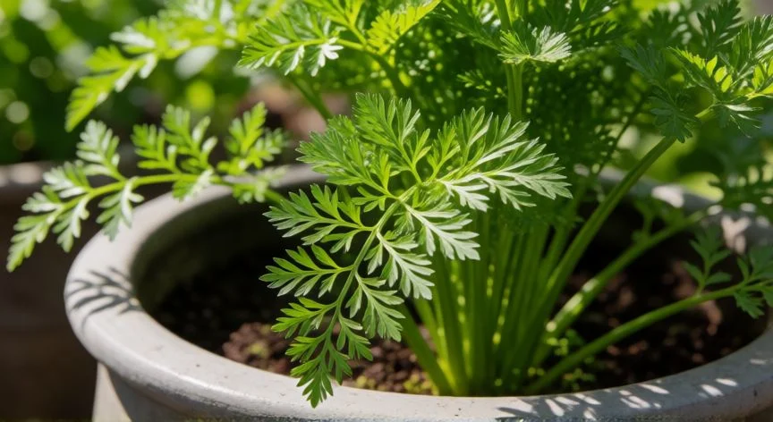 como sembrar zanahorias en maceta, Zanahoria verde saludable creciendo en una maceta de cerámica bajo el sol