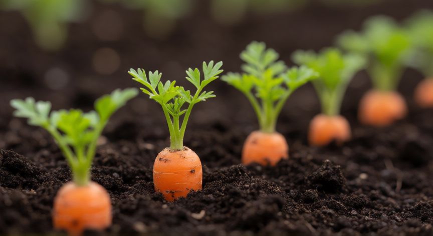 como sembrar zanahorias en tierra, Plántulas jovenes de zanahoria germinando en surcos de tierra