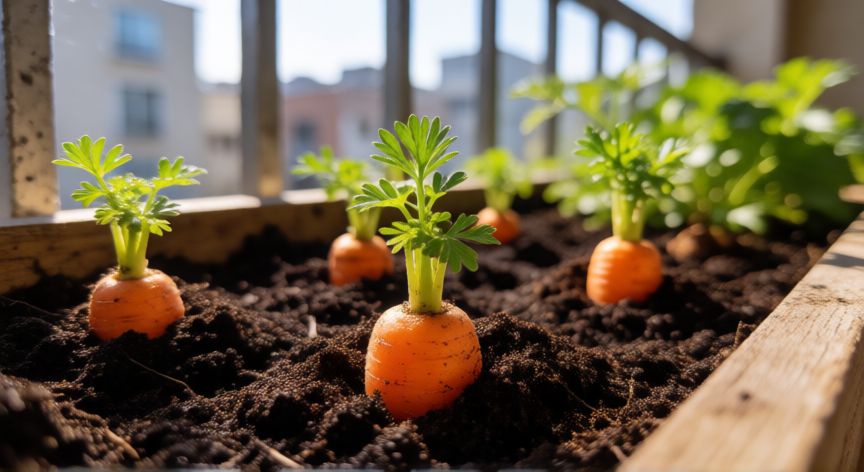 como sembrar zanahorias en un huerto urbano, Brotes de zanahoria recién germinados en una maceta de madera