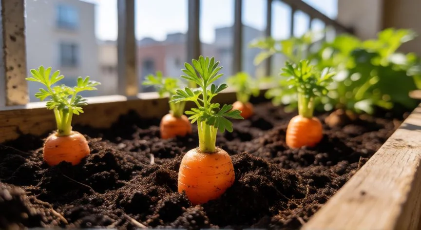 Brotes de zanahoria recién germinados en una maceta de madera