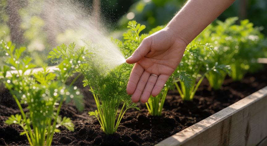 como sembrar zanahorias en un huerto urbano, Riego suave de plantas de zanahoria en un huerto elevado