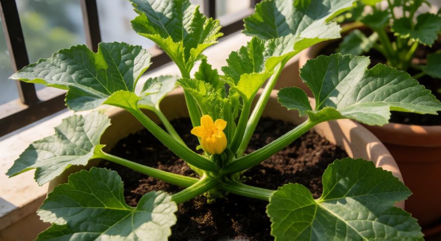 como sembrar zapallo en casa, Planta de zapallo sana con flores amarillas en una maceta soleada