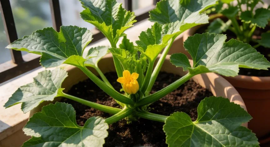 como sembrar zapallo en casa, Planta de zapallo sana con flores amarillas en una maceta soleada