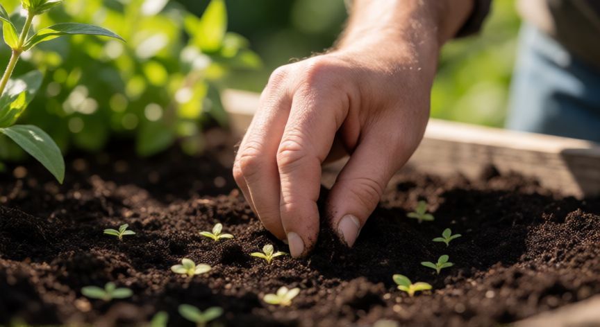 como sembrar zinnias, Manos sembrando semillas de zinnias en tierra rica y oscura