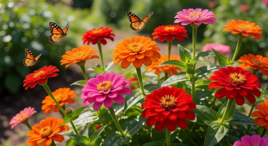 como sembrar zinnias, Floración abundante de zinnias multicolor con mariposas