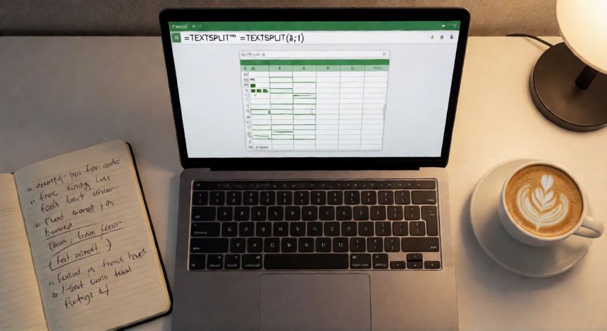 como separar en excel datos de una celda, Escritorio con Excel abierto mostrando la función TEXTSPLIT en la barra de fórmulas junto a un cuaderno de apuntes