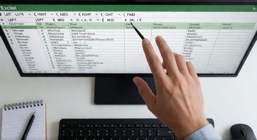 como separar en excel texto, Fórmulas LEFT, MID, RIGHT y FIND visibles en la barra de fórmulas de Excel