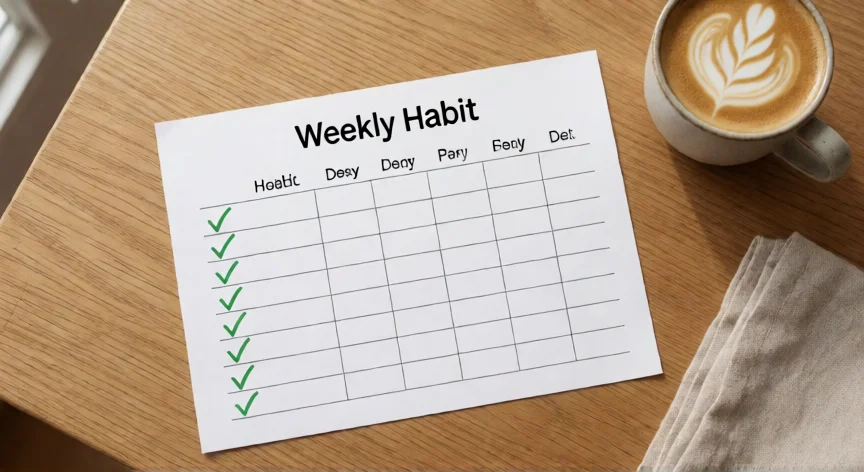 como ser 1 mejor cada dia, Tracker semanal de hábitos sobre mesa de madera con taza de café