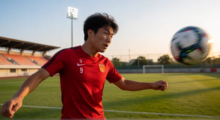 como ser el mejor 9 en fútbol, Delantero centro (número 9) rematando de cabeza durante una sesión de entrenamiento en un estadio de fútbol al atardecer