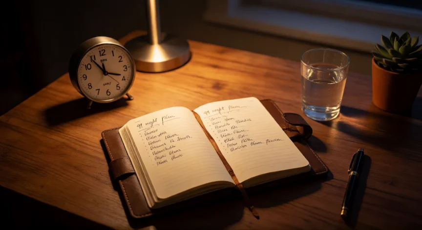 como ser el mejor en 99 noches, Mesa de estudio nocturna con cuaderno de planificación de 99 noches y reloj analógico