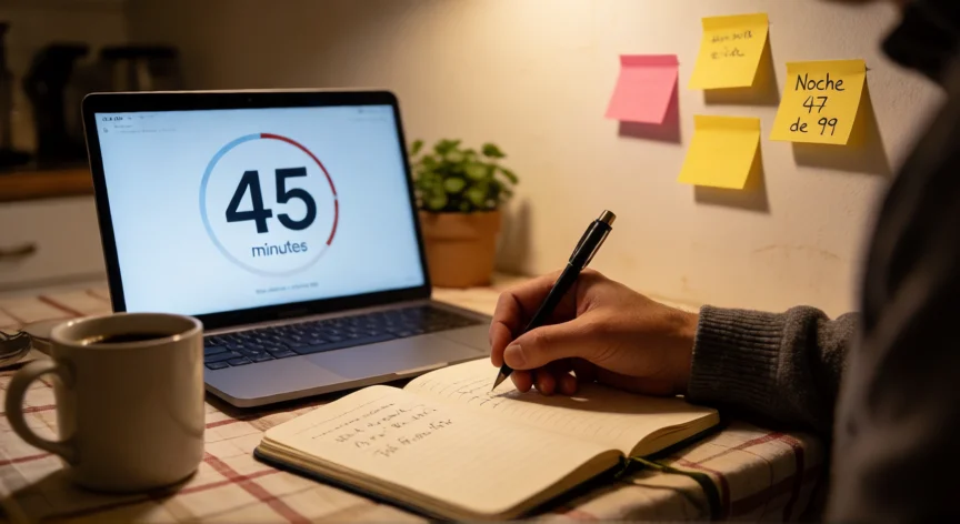 como ser el mejor en 99 noches, Manos escribiendo en cuaderno con notas adhesivas de seguimiento de noches de práctica