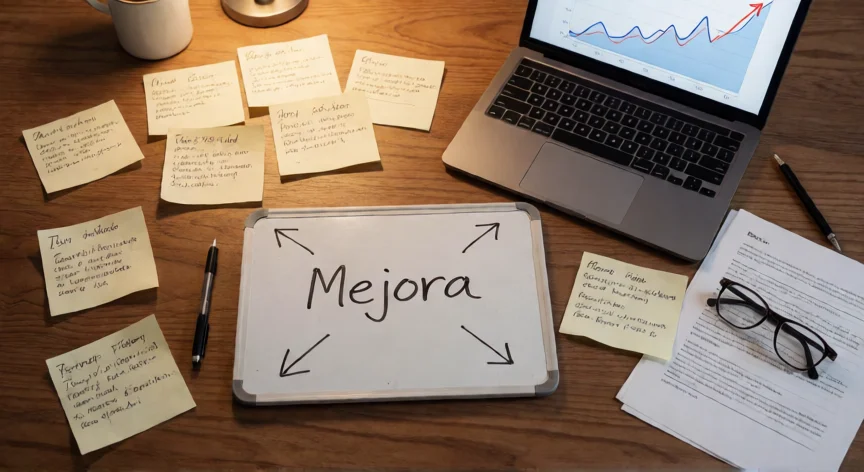 como ser el mejor en lo que hago, Mesa de trabajo con notas de progreso, tablero de mejora y herramientas de autoevaluación
