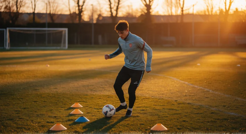 Joven futbolista entrenando regate solo en el campo al atardecer con máxima concentración