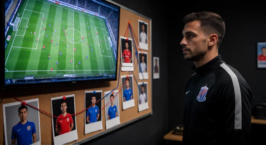como ser el mejor futbolista del mundo, Futbolista analizando táctica de partido en sala de video con tablero de estrategia