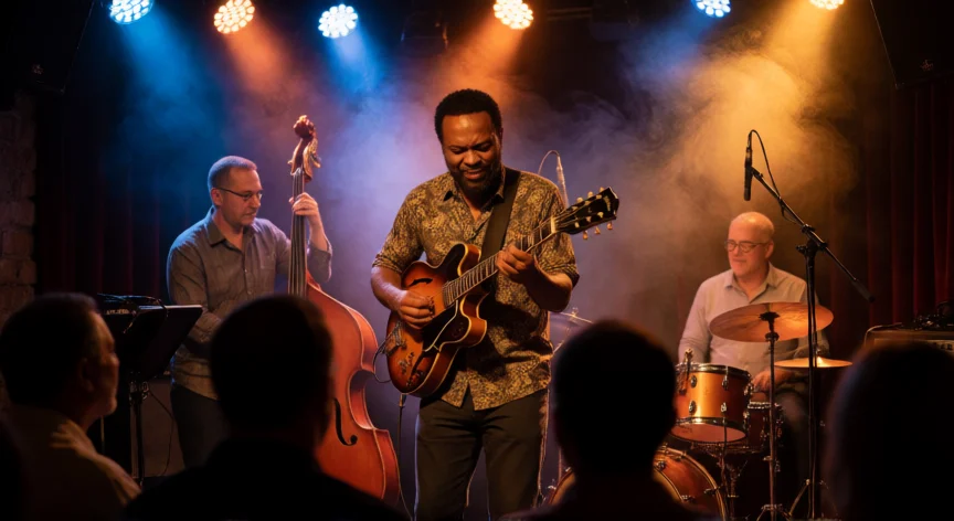 como ser el mejor guitarrista del mundo, Banda tocando en un club de jazz con el guitarrista como protagonista