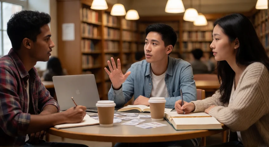 como ser la mejor estudiante, Grupo de estudiantes universitarios en sesión de estudio colaborativo en biblioteca