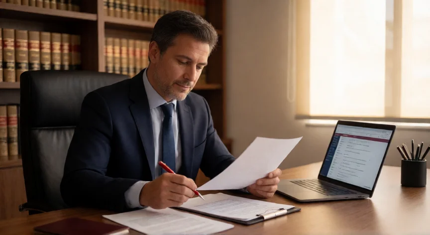 como ser mejor abogado, Abogado revisando documentos legales en su despacho con libros de derecho al fondo