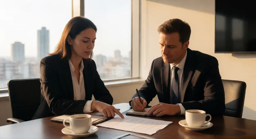 como ser mejor abogado, Dos abogados colaborando en la revisión de un expediente legal en una reunión