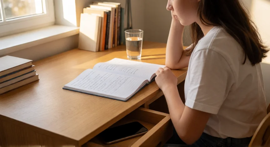 como ser mejor alumna en el colegio, Joven estudiante organizando sus apuntes en un escritorio ordenado con luz natural