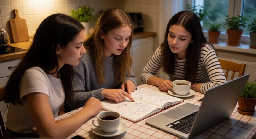 como ser mejor alumna en el colegio, Grupo de estudiantes repasando juntas en un ambiente relajado en casa