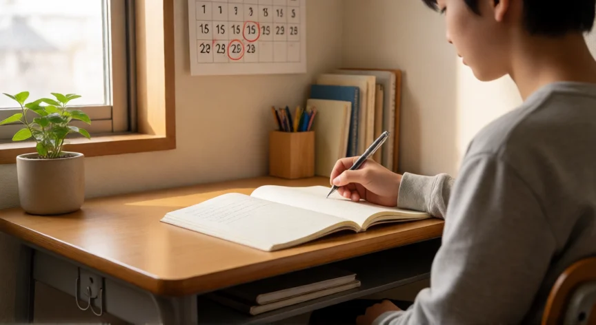 como ser mejor alumno en la escuela, Estudiante organizado en su escritorio con cuaderno y calendario