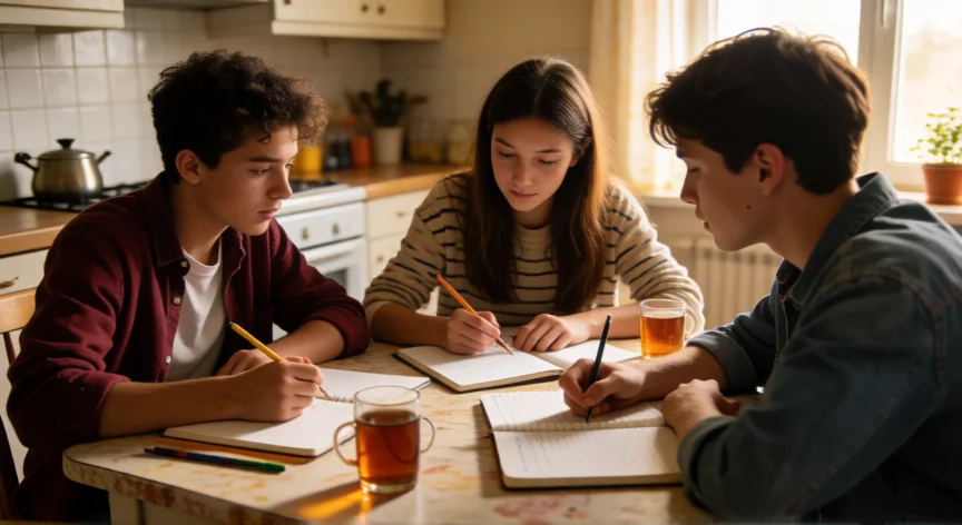 como ser mejor alumno en la escuela, Grupo de estudio de tres estudiantes en la mesa con apuntes