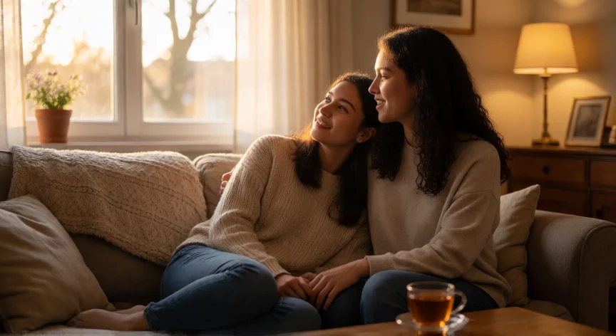 como ser mejor amiga de alguien, Dos amigas hablando de forma íntima en un sofá con luz cálida