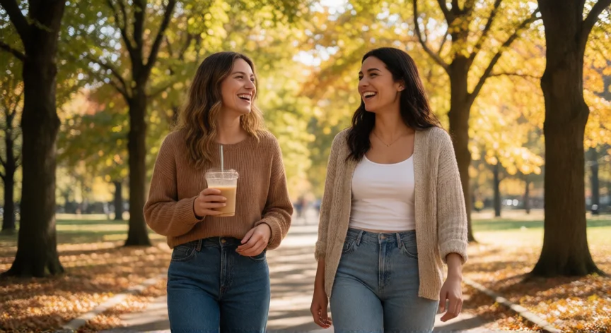 como ser mejor amiga de alguien, Amigas paseando y riendo juntas por un parque en otoño