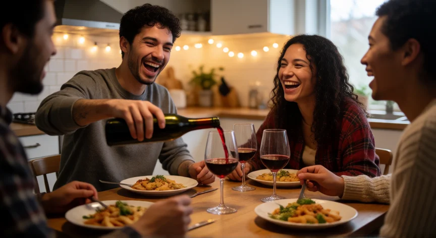 como ser mejor amigo, Grupo de amigos riendo y celebrando juntos alrededor de una mesa en una cocina acogedora