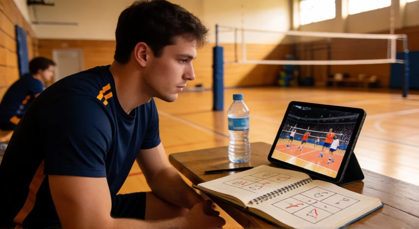 como ser mejor armador en voley, Jugador de vóley estudiando el juego con notas tácticas en un cuaderno