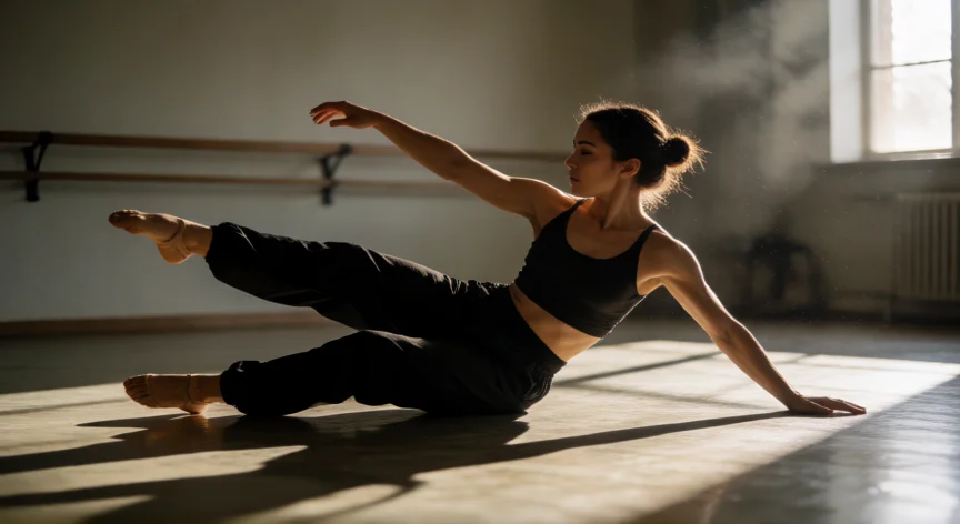 como ser mejor bailarina, Danzante contemporánea realizando trabajo de suelo en estudio con luz lateral