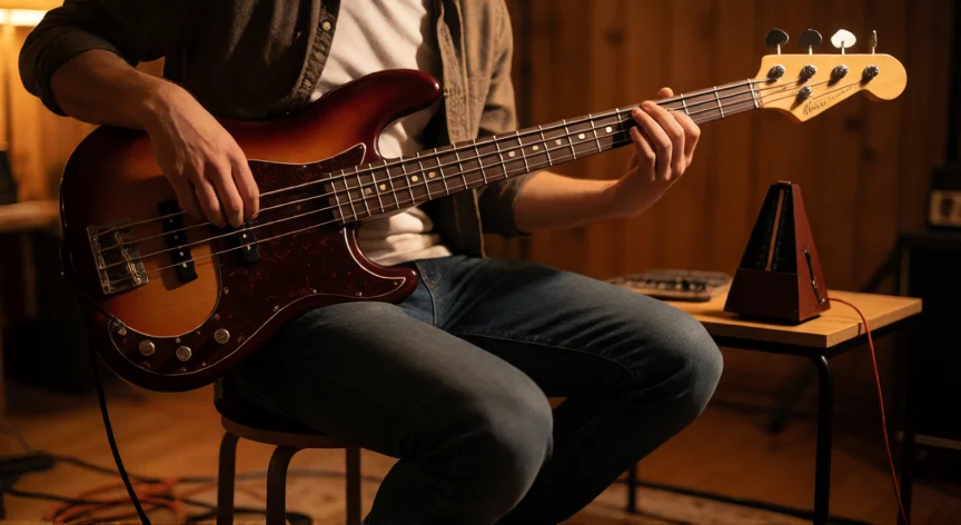 como ser mejor bajista, Bajista practicando fingerstyle con metrónomo en estudio casero