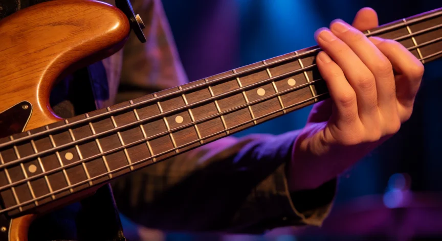 como ser mejor bajista, Primer plano de mano sobre el mástil del bajo en posición de 12ª casa durante un concierto
