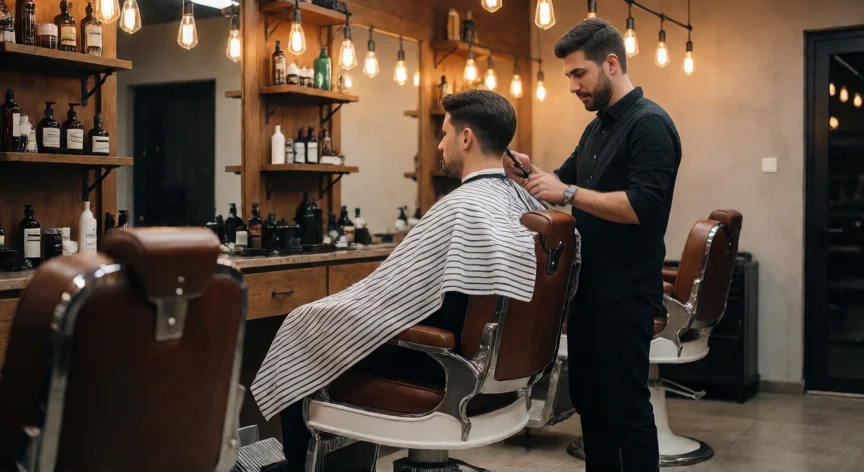 como ser mejor barbero, Barbero trabajando en una barbería moderna con ambiente cálido