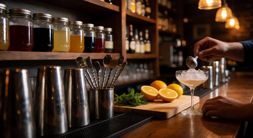 como ser mejor bartender, Estación de trabajo de un bartender profesional con shakers, jarabes y cítricos frescos