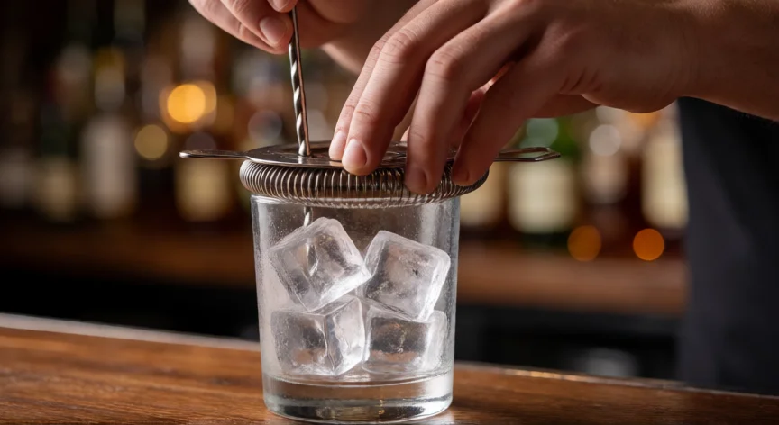 como ser mejor bartender, Manos de bartender preparando un cóctel con colador Hawthorne y cuchara de bar