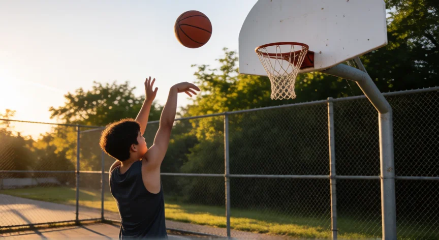 como ser mejor basquetbolista, Basquetbolista ejecutando tiro libre en cancha exterior al atardecer