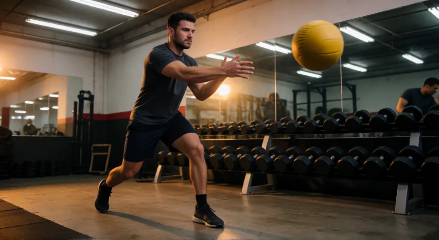 como ser mejor bateador, Jugador de béisbol entrenando potencia de core con balón medicinal en gimnasio