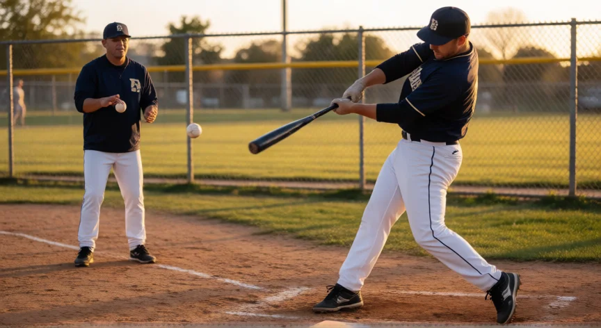 como ser mejor bateador de beisbol, Práctica de soft toss al atardecer en un campo de béisbol