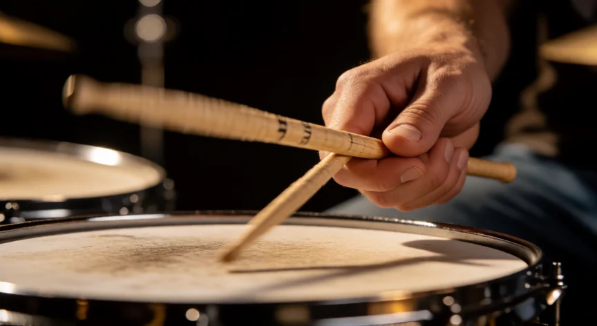 como ser mejor baterista, Primer plano de manos ejecutando un paradiddle sobre la caja con técnica relajada