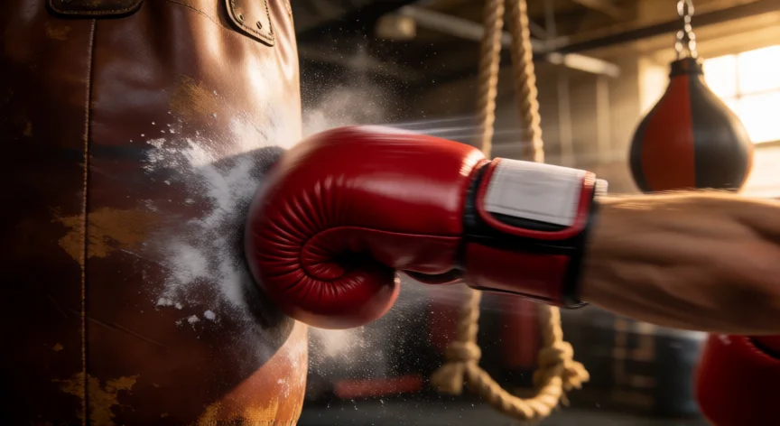 como ser mejor boxeador, Puños de boxeador golpeando un saco de boxeo de cuero en un gimnasio