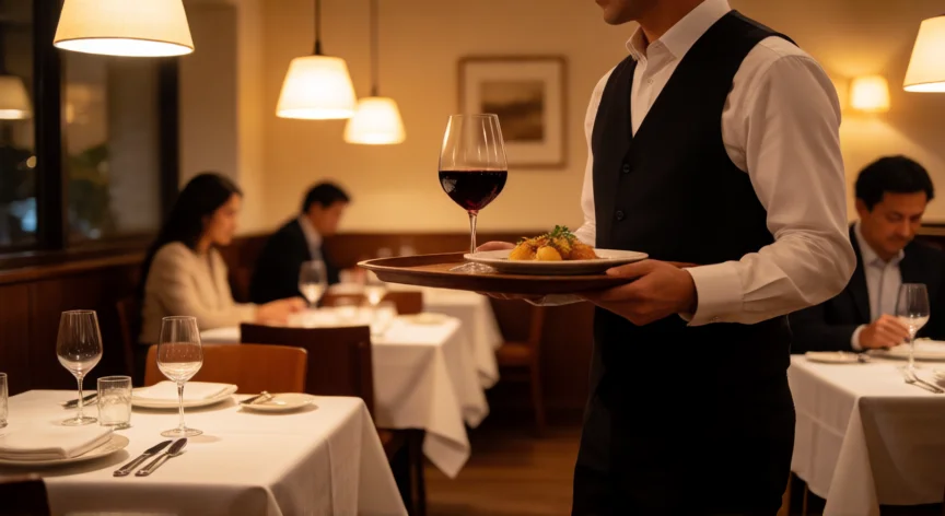 como ser mejor camarero, Camarero profesional sirviendo en un restaurante con ambiente cálido y elegante