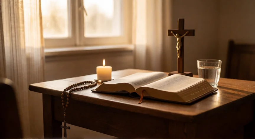como ser mejor catolico, Mesa de oración con Biblia abierta, rosario, crucifijo y vela encendida en luz matutina