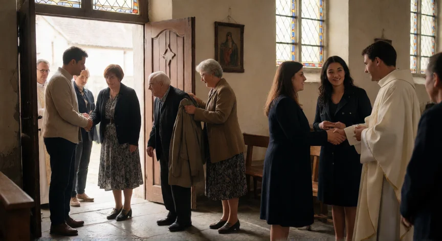 como ser mejor catolico, Fieles conversando y ayudándose tras la misa en una parroquia católica