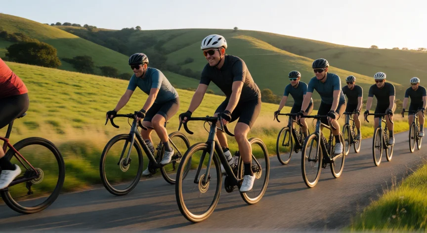 como ser mejor ciclista, Grupo de ciclistas entrenando en carretera rural al atardecer