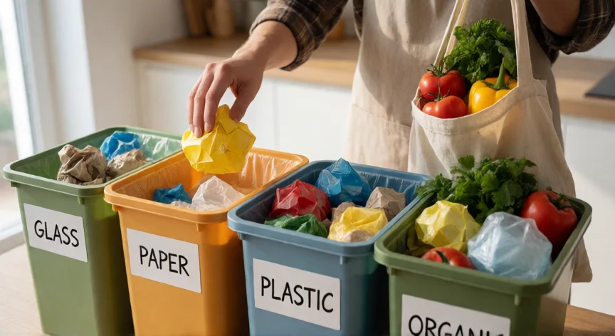 como ser mejor ciudadano, Manos separando residuos reciclables y bolsa de reutilización con productos locales