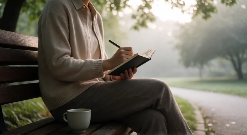 como ser mejor como persona, Persona escribiendo en un diario en un banco de parque al amanecer